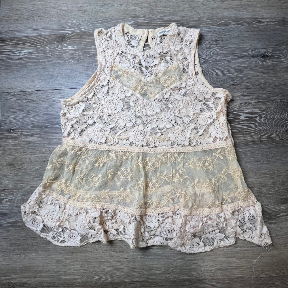 Rebellion Lace Peplum Tank Women Large Cream Floral Sleeveless Boho Top